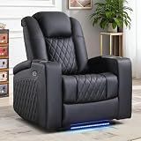 ANJ Home Theater Seating Power Recliner with Hidden Arm Storage, Faux Leather Recliners with LED Light, Electric Movie Reclining Chairs with USB Ports & Cup Holders for Media Living Room, Black