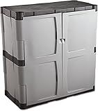 Rubbermaid Freestanding Storage Cabinet with Doors 18"D x 36"W x 37"H Medium Gray/Black Two-Shelf Lockable Cabinet for Indoor/Outdoor/Garage Storage for Garden Tools/Lawn Care Accessories