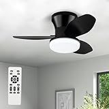 ZOEYON Small Ceiling Fan with Light - 26 Inch Flush Mount Ceiling Fan with Lights and Remote, Low Profile Ceiling Fans with 3 Reversible Blades, 6 Wind Speeds, Black Ceiling Fans for Bedroom