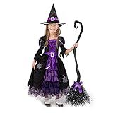 Spooktacular Creations Halloween Fairytale Witch Dress for Kids, Girls Cute Witch Costume Deluxe Set with Broom for Toddler Halloween Role Play Parties, Purple (S 5-7yrs)