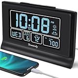 DreamSky Alarm Clocks for Bedrooms with Battery Backup, Auto Set Digital Clock with Date and Day of Week, Temperature, USB Port, Auto DST, Dimmer, 12/24H