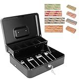 Cash Box with Key Lock and Money Tray - Metal Money Box for Cash Register, Large Cash Lock Box for Money Safe with 100PCS Coin Wrappers Assorted
