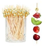 200PCS Cocktail Picks, Fancy Toothpicks for Appetizers, Decorative Skewers for Appetizers Drinks Party Fruit, 4.7 Inch Long Wooden Bamboo Gold Ball Food Sticks Charcuterie Boards Accessories