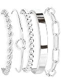 Gokeey Silver Cuff Bracelets for Women,Dainty Silver Bangles Bracelets Set for Women, Paperclip Link Chain Rope Beaded Tie Knot Bracelets Stack Chunky Jewelry