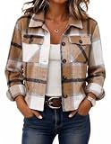 Zeagoo Flannels for Women Cropped Shacket Plaid Button Long Sleeve Jacket