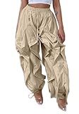 LETSVDO Women's Baggy Ruffle Fringe Pants Drawstring Elastic Waist Barrel Balloon Lantern Parachute Wide Leg Jogger Trousers Khaki