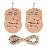 100Pcs Handmade with Love Tags Paper Hanging Tags with String 1.2” Round Brown Gift Labels with 66 ft String Personalized Handmade Tags for Crafts Candle Tins Wedding Birthday Party Favors