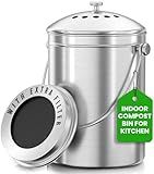 Utopia Kitchen Countertop Compost Bin Kitchen with Charcoal Filter -1.3gallon Stainless Steel Kitchen Compost Bin Countertop - Ideal Kitchen Essentials or Small Composter for Under The Sink Trash