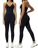 Meyeeka Women 2 Piece Workout Sets Ribbed V Neck Spaghetti Straps Padded Tank Tummy Control High Waist Yoga Leggings Black M