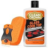 CleanCrown Cooktop Cleaner Kit (8.8 Oz), Glass Stovetop Cleaner for Electric Glass Top Stoves, Ceramic Cooktops & Fireplace Glass, Remove Burned on Food, Grease & Grime, with Scrubbing Pad & Scraper