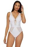BECCA Women's Standard Color Play One Piece Swimsuit, Plunge Neck, Crochet, Bathing Suits, White (A)