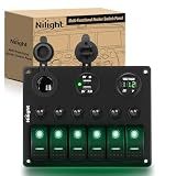 Nilight 6 Gang Rocker Switch Panel On Off with Resettable Circuit Breaker | 5PIN SPST Toggle Electrical 12V/20A 24V/10A Voltmeter Dual USB Charger Cigarette Lighter Socket for RV Boats 4X4 Green