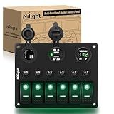 Nilight - 90123F 6 Gang ON Off Rocker Switch Panel Green Backlit 12V24V LED Digital Voltmeter Dual USB Charger Cigarette Lighter Socket Overload Protection Switch Panel For Cars RVs Boats