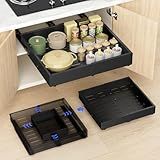 Dayacoco Pull out Cabinet Organizer, Expandable(11.6"-19.5" W x 16.5"-21.5" D), 3-Rail Slide Out Shelves for Kitchen & Pantry – No Drill Adhesive Roll Out Drawers for Cabinets Without Lip, Black