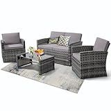 KROFEM 4-Piece Patio Furniture Set, Wicker Outdoor Rattan Sectional Sofa with Cushions and Glass Table, All-Weather Outdoor Conversation Set for Garden, Porch, Backyard, Patio, Light Grey