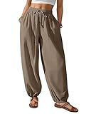 Bsubseach Womens Cotton Harem Pants Elastic Waist Baggy Pant Drawstring Balloon Trouser Loose Beach Pants with Pockets Coffee S