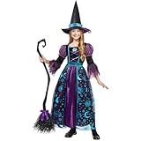 Spooktacular Creations Witch Costume for Girls, Halloween Witch Dress with Broom Hat, Kids Moon Shimmer Costume Set for Wizard Role Play Themed Parties (Medium(8-10 yrs))
