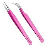 SQLPro 2 Pcs Double Ended Nail Art Tweezers Stainless Steel Tweezer Straight Curved Tip Tweezers with Silicone Pressing Head for Nail Crafts Rhinestone Stickers Jewel Gem Picker Tool
