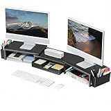 OPNICE Desk Organizers and Accessories, Dual Monitor Stand Riser with Drawer and 2 Pen Holders, Desk Shelf Metal Computer Racks for Office Workspace Organizers, Desktop Organization (Black Metal)