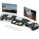 OPNICE Desk Organizers and Accessories, Dual Monitor Stand Riser with Drawer and 2 Pen Holders, Desk Shelf Metal Computer Racks for Office Workspace Organizers, Desktop Organization (Black Metal)