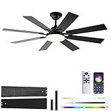 LSPMKE Ceiling Fans with Lights, 52 Inch Ceiling Fan with Light and Remote Control, Reversible DC Motor, 3CCT, Dimmable, Timer, Noiseless, Black Ceiling Fan for Bedroom Living Room, Indoor/Outdoor Use