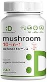 Organic 10-in-1 Mushroom Supplement, 240 Capsules – Lions Mane, Turkey Tail, Reishi, Cordyceps & More Mushroom Complex – Immune, Energy & Nootropic Brain Support – Non-GMO