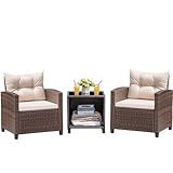 Devoko 3 Pieces Patio Furniture Set Outdoor Wicker Chairs and Table, Beige