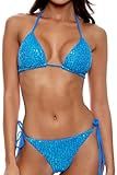 Women's Triangle Sequin Bikini Set Brazilian Halter String Backless Tie Side Thong Two Piece Swimsuit Bathing Suit Blue