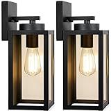 Outdoor Wall Light Fixtures, Exterior Waterproof Wall Lanterns, Porch Sconces Lighting with E26 Sockets & Glass Shades, Modern Matte Black Outside Lights for Patio Front Door Entryway Garage, 2-Pack