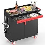Eltean Metal Grill Cart - Outdoor Grill Cart with Storage,Grill Table with Wheels,Outdoor Bar Cart with Adjustable Shelf for Kitchen Prep and Patio BBQ