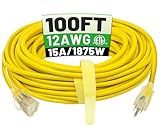 POWGRN 100 ft 12/3 Outdoor Extension Cord Waterproof Heavy Duty with Lighted Indicator End 12 Gauge 3 Prong, Flexible Cold-Resistant Long Power Cord Outside, 15Amp 1875W SJTW Yellow ETL Listed