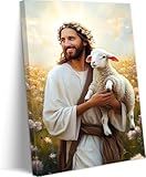Jesus and Lamb Canvas Wall Art Jesus Saves the lost lamb Wall Decor Pictures Christian Lamb of God Painting Posters Prints for Living Room Bedroom Office Church Ready to hang 16x24in Framed