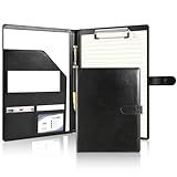 Professional Portfolio Binder with Clipboard, Faux Leather Padfolio Organizer for Resume, Interview Business Conference, Legal Pad Holder for A4 Letter Size Notepad with Multi-Pocket Storage (Black)