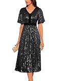 Women's Sequin Sparkly V-Neck Short Sleeve Midi Evening Dress Prom Gowns Black M