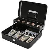 Jssmst Large Cash Box with Money Tray and Lock - Safe Box for Cash Saving Key Lock Money Organizer Box, 11.8L x 9.5W x 3.5H Inches, Black, SM-CB0501L, XLarge