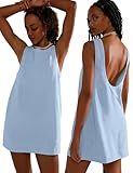 VIUTIL Womens Summer Linen Mini Dress Boat Neck Low Back Sleeveless Tank Dresses with Pockets 2026 Vacation Outfits, Boardwalk Blue, Small