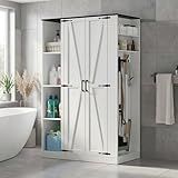 SDMY Broom Closet Storage Cabinet, 63" H Wooden Vacuum Storage Cabinet, Utility Closet with 2 Doors, Cleaning Tool Organizer with 6 Shelfs and 5 Pack Broom Holder, 63" H×35.4" W×15.7" D,White