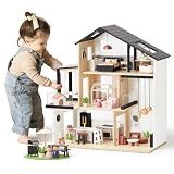Tiny Land Wooden Doll House, Modern Family Dollhouse with Realistic Design