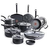 T-Fal Ultimate Hard Anodized Nonstick Cookware Set 17 Piece, Nonstick Pots and Pans Set with Fry Pan, Saucepans, Saute-Pan, Griddle, Dishwasher Safe, Black