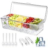Large Ice Chilled Condiment Caddy，Chilled Condiment Containers Server with Lids for 5 Removable Compartments (2.5 cup)，Serving Platters , Fruit & Garnish Tray for Party Supplies & Bar Accessories