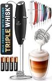 Zulay Kitchen Powerful Milk Frother Wand With Duracell Batteries - Ultra Fast Handheld Drink Mixer - Electric Whisk Foam Maker for Coffee, Lattes, Cappuccino & Matcha - Triple Whisk - Black