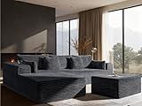 VYUXWO 108" Cloud Sectional Couch, Comfort U Shaped Boneless Couch for Living Room, Extra Deep Seats No Assembly, Minimalist Modular Sofa, Corduroy (Dark Grey, 2 Seater+Left Facing Chaise+Ottoman)