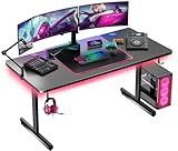 GTPLAYER Gaming Desk 55 Inch with LED Lights, Large Computer Desk with Mouse Pad for Home Office, T-Shaped Carbon Fibre Surface PC Game Workstations with Headphone Hook