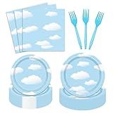 96 PCS Blue Sky White Cloud Party Decorations Boys Girls Baby Shower Kids Birthday Tableware Kit Party Supplies Paper Plate Napkin Fork 24 Guests