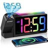Peakeep Projection Alarm Clock for Bedroom Ceiling, Loud for Heavy Sleepers, RGB Nightlight, Multi-Color Large Display 5 Brightness Dimmer, Plug in Bedside Electric LED Digital Clock with USB Port