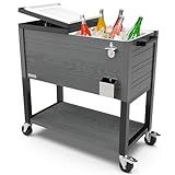 Permasteel 80-Quart Rolling Patio Cooler with Wood Grain Finish – Outdoor Beverage Cooler with Wheels & Insulated Ice Chest for Backyard, Deck, and Poolside Parties – Gray