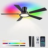 Ayaoty Ceiling Fans with Lights - 52in Flush Mount Ceiling Fan with RGB Dimmable, 3CCT 6 Wind Speeds and Reversible Quiet Motor, Low Profile RGB Fan Light for Modern Indoor, Party - Black