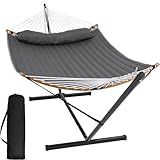 SUNCREAT Double Portable Hammock with Stand, 2 Person Hammock with Curved Spreader Bar, Balance Ropes Included, Dark Gray