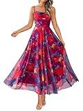 BTFBM Women Summer Floral Maxi Dresses Elegant Spaghetti Strap Dress Printed Party Dress Beach Long Dresses(Floral Navy Red Flower,Small)