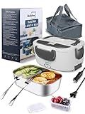 Buddew Electric Heated Lunch Box for Adults - 80W Fast Heating, 1.5L Food-Grade Stainless Steel, 12V/24V/110V Portable Food Warmer for Work Travel Car, Lonchera Electrica Portatil